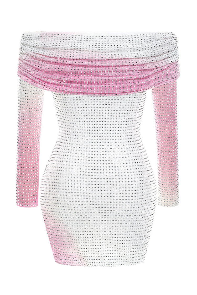 Sparkly Rhinestone Foldover Off Shoulder Ombre Mesh Party Mini Dress - Pink
