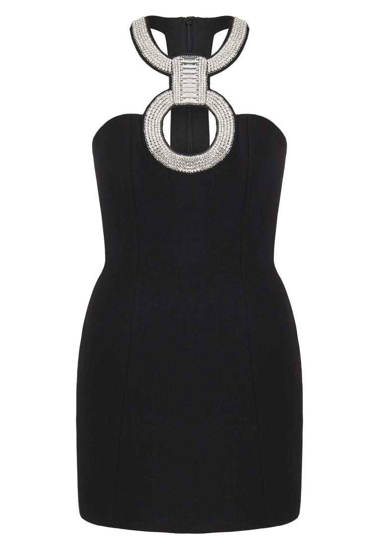 Sparkly Rhinestone Cutout Sleeveless Bodycon Bandage Cocktail Mini Dress - Black