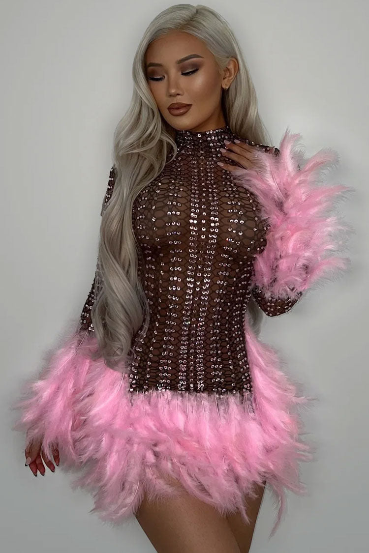 Sparkly Rhinestone High Neck Sheer Mesh Feather Trim Party Mini Dress - Pink