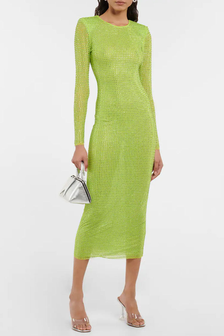 Sparkly Rhinestone Long Sleeve Bodycon Mesh Sheer Midi Dress - Sage Green