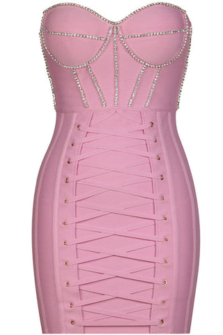 Sparkly Rhinestone Strapless Lace Up Bodycon Bandage Mini Dress - Pink