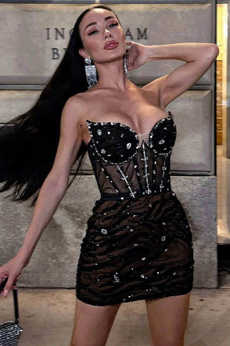 Sparkly Rhinestone Strapless Ruched Sequin Mesh Corset Party Mini Dress - Black