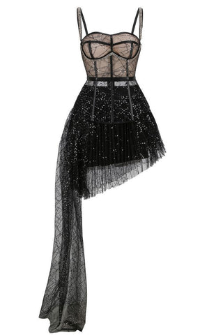 Sparkly Sequin Corset Draped Tulle Skirt Two Piece Dress - Black