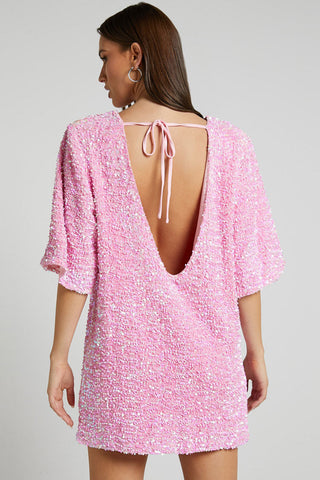 Sparkly Sequin Crew Neck Short Sleeve Oversized Velvet Party Mini Dress - Pink