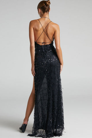 Sparkly Sequin Plunging High Split Backless Evening Maxi Dress - Black
