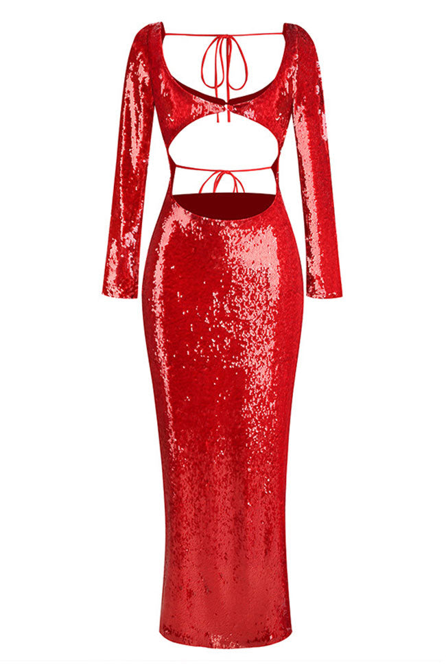 Sparkly Sequin Scoop Neck Bra Long Sleeve Split Cutout Evening Maxi Dress - Red