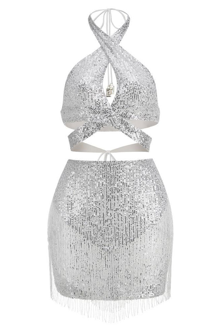 Sparkly Sequin Wrap Halter Top High Waist Fringe Mini Two Piece Dress - Silver