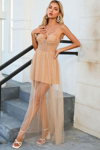 Sparkly Sweetheart Cami Sheer Tulle Corset Evening Maxi Dress - Champagne
