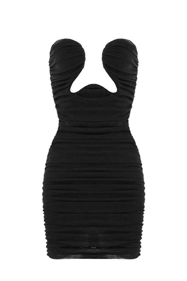 Strapless Deep V Underwire Ruched Bodycon Mini Party Dress - Black