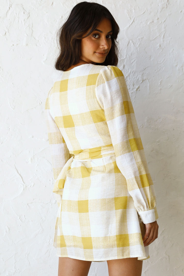 Summery Plaid Printed Long Sleeve Deep V Wrap Mini Dress - Yellow