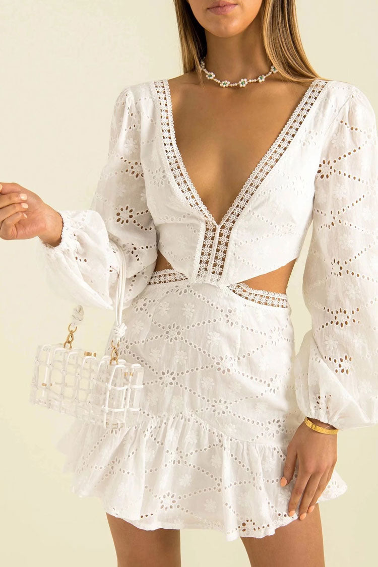 Sweet Broderie Anglaise Deep V Cutout Long Sleeve Mini Dress - White