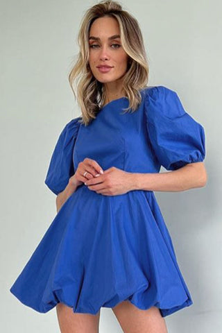 Sweet Round Neck Puff Sleeve Fit and Flare Backless Mini Dress - Blue