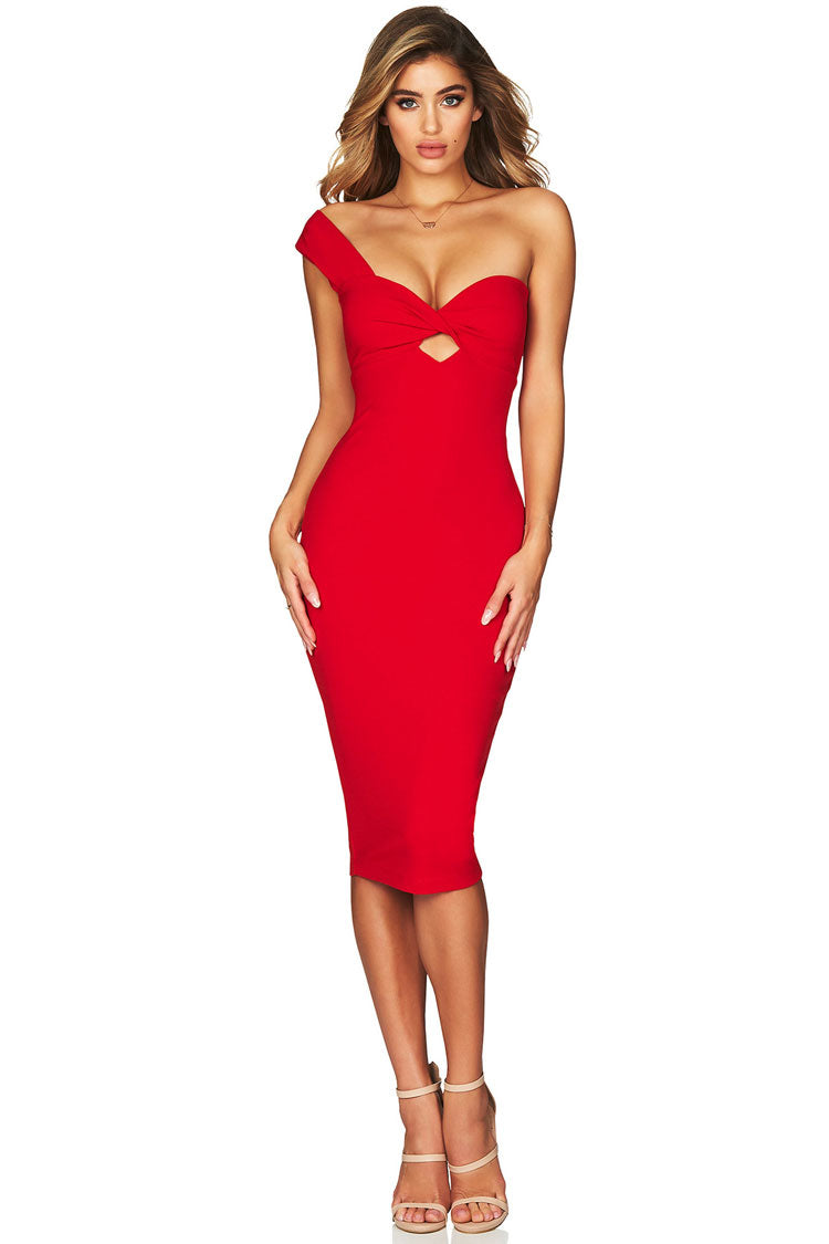 Sweetheart One Shoulder Bodycon Midi Cocktail Party Dress - Red