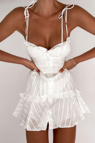 Swing Ruffled Neck Button Up Tie Shoulder Summer Striped Mini Sundress - Off White