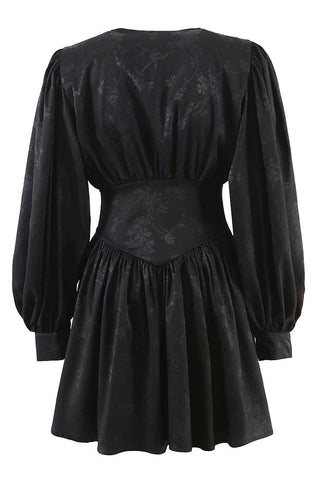 Swingy Floral Jacquard Fit & Flare Long Sleeve Mini Dress - Black