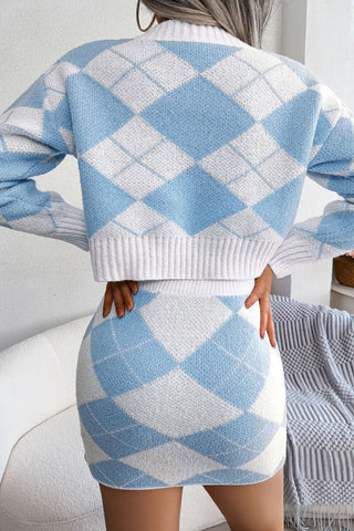 Two Tone Argyle Knit Cropped Sweater Mini Skirt Two Piece Dress - Blue