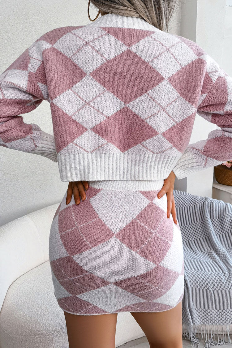 Two Tone Argyle Knit Cropped Sweater Mini Skirt Two Piece Dress - Pink