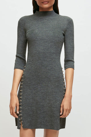Unique Ring High Neck Winter Cashmere Sweater Mini Dress - Gray