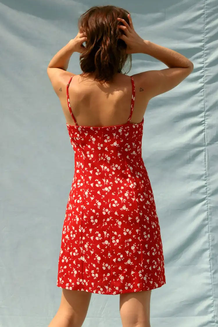 Vibrant Ditsy Floral V Neck Button Up Slip Mini Sundress - Red
