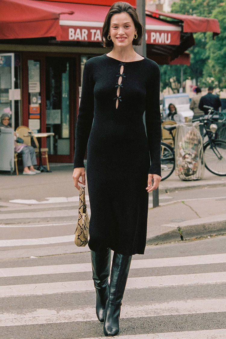 Vintage Cutout Long Sleeve Winter Pullover Sweater Midi Dress - Black
