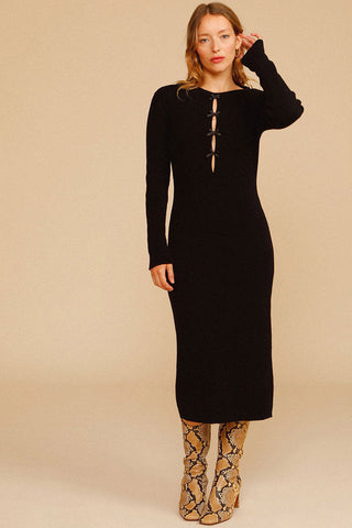 Vintage Cutout Long Sleeve Winter Pullover Sweater Midi Dress - Black