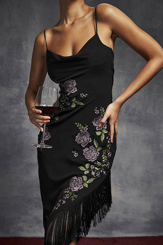 Vintage Floral Embroidered Fringe Sleeveless Cocktail Party Midi Dress - Black
